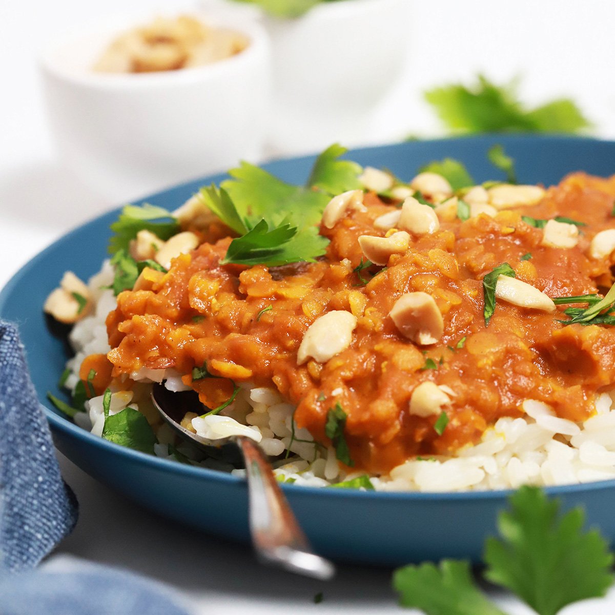 Curry z rdečo lečo na belem rižu
